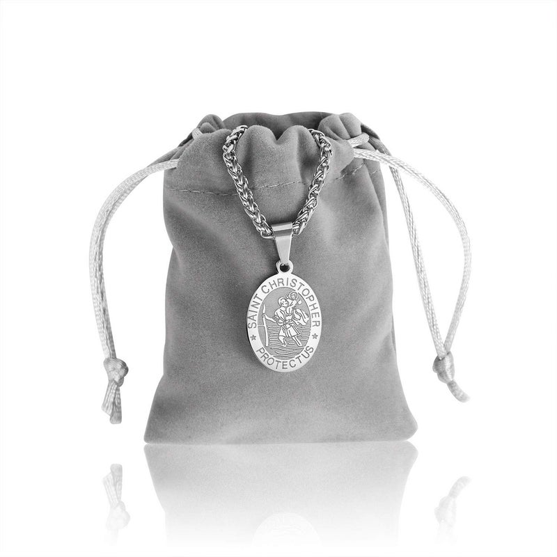 RS Silver St Saint Christopher Medal Necklace for Men Boys Stainless Steel Pendant Chain Catholic Religious Baptism First Communion Confirmation Jewelry Gifts Teen Teenage Him Son - Image 5